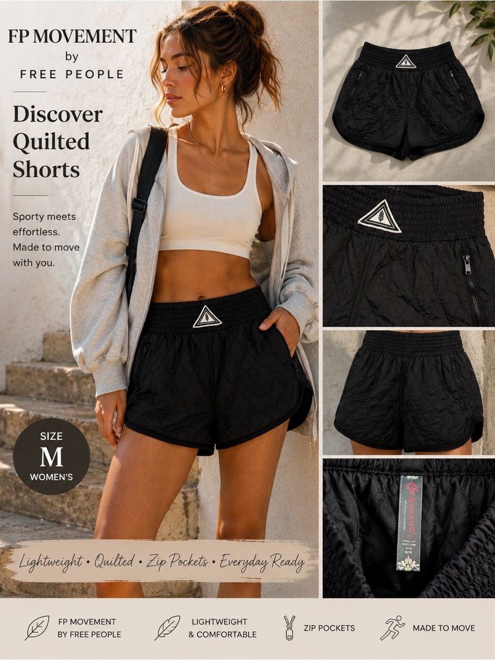 Free People FP Movement Discover Quilted Shorts Black Med Athleisure Zip Pocket